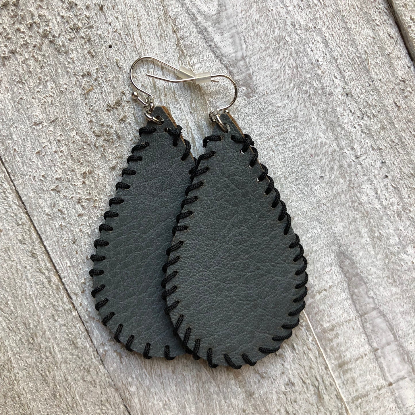 Grey Light Leather Stitched Earrings