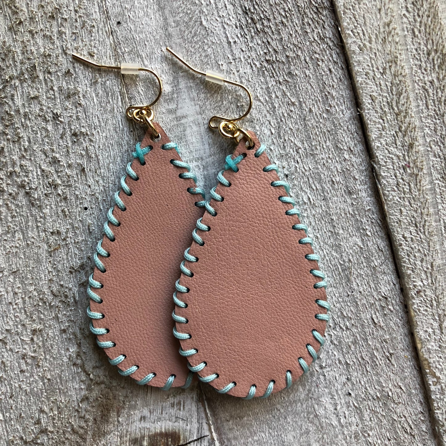 Pink Peach Light Leather Stitched Earrings