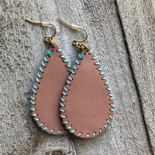 Pink Peach Light Leather Stitched Earrings