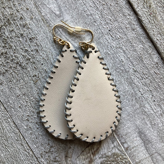 Cream Leather Stitched Earrings