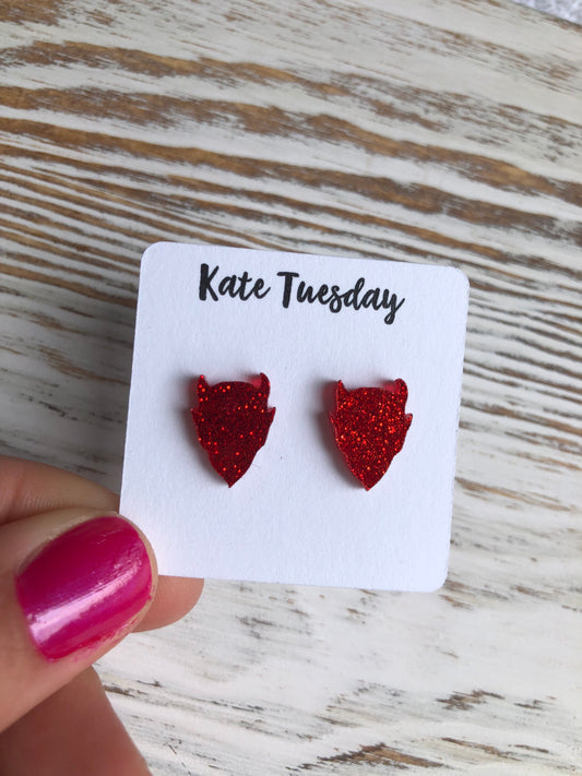 Red Devils Head Sparkly Stud Acrylic Earrings