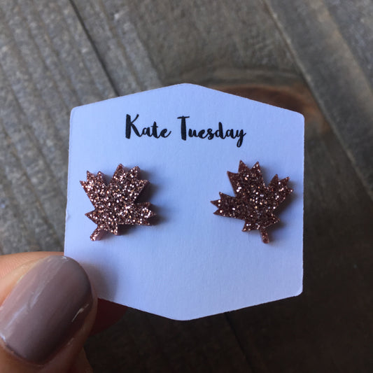 Rose Gold Sparkly Maple Leaf Stud Acrylic Earrings