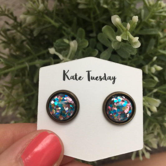 12mm Pink Blue Glitter Earrings