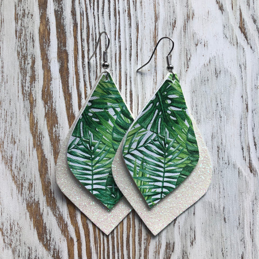 Key West White Glitter Palm Leather Earrings