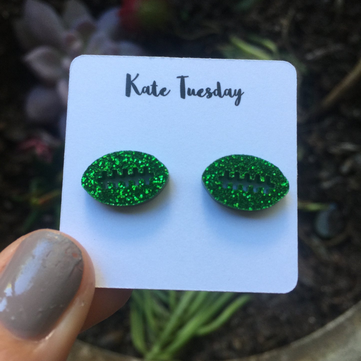 Green Sparkly Football Stud Earrings
