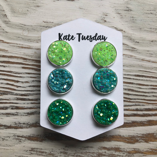 Neon Summer Greens Druzy Triple Set of Earrings