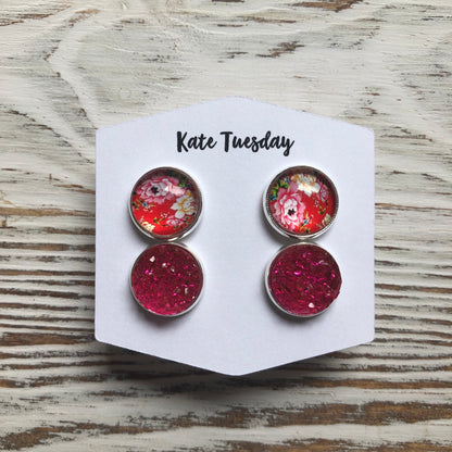 Cherry and Pink Druzy Double Set of Earrings