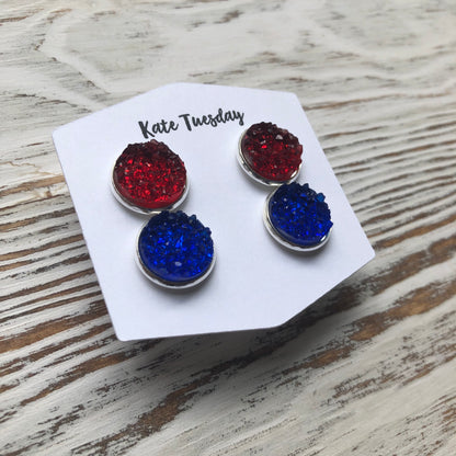 Red and Blue Druzy Double Set of Earrings 4th of July