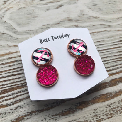 Cherry and Anchor Druzy Double Set of Earrings