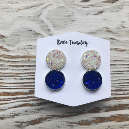 White and Blue Druzy Double Set of Earrings 4th of July