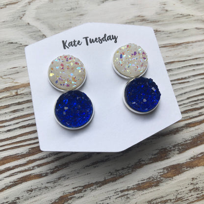 White and Blue Druzy Double Set of Earrings 4th of July