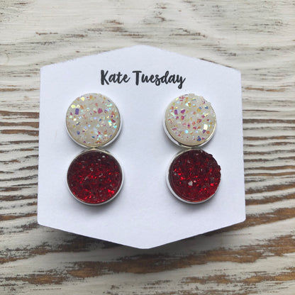 White and Red Druzy Double Set of Earrings 4th of July