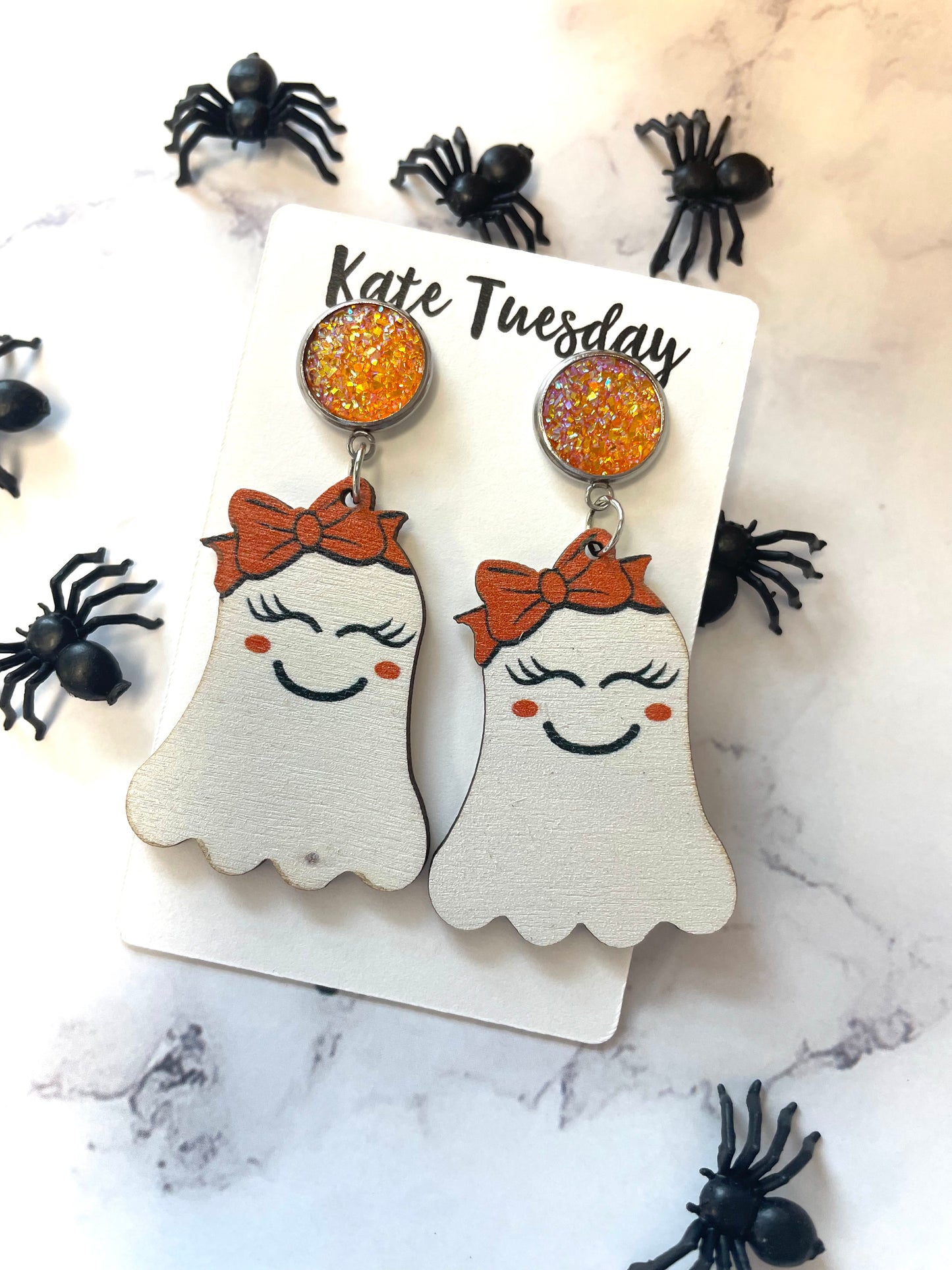 Happy Ghosts Light Wood Halloween Earrings