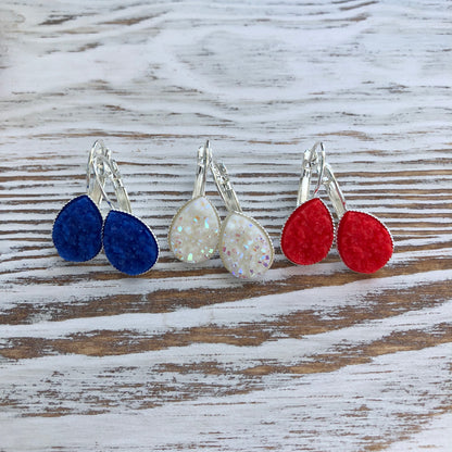 Patriotic 4th of July, Red, White + Blue Druzy Dangly Teardrop Earrings