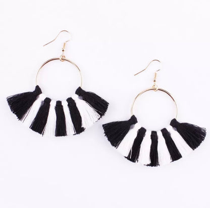 Kate Tassel Hoop Earrings Black and White