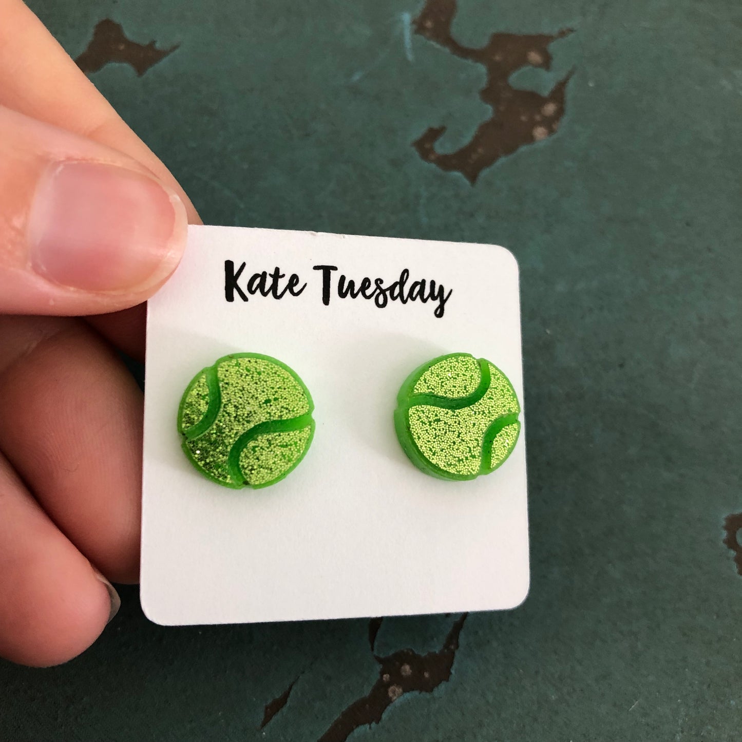 Green Glitter Tennis Ball Earrings