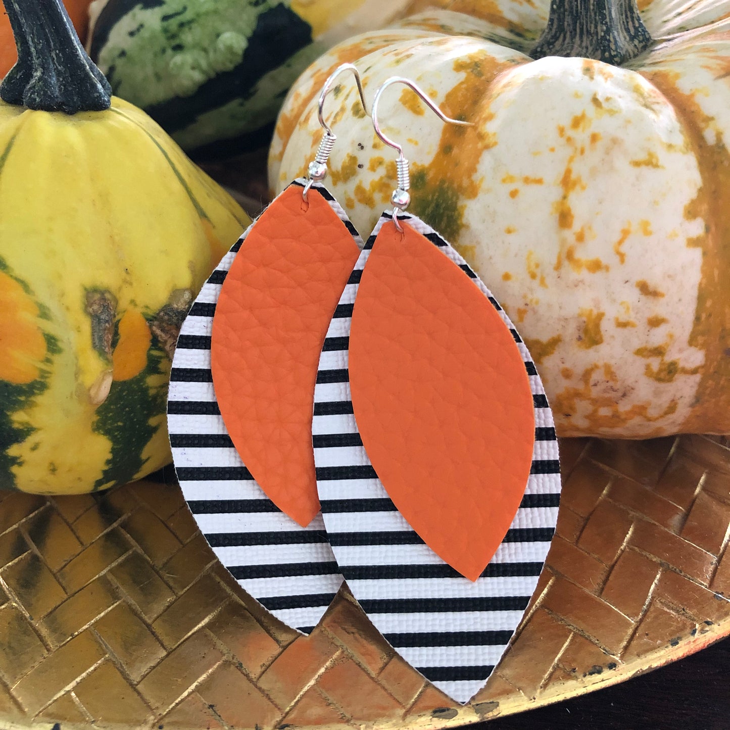 Orange Black Stripes Halloween Leather Hang Earrings