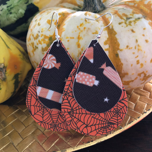 Spider Web Candy Halloween Leather Hang Earrings