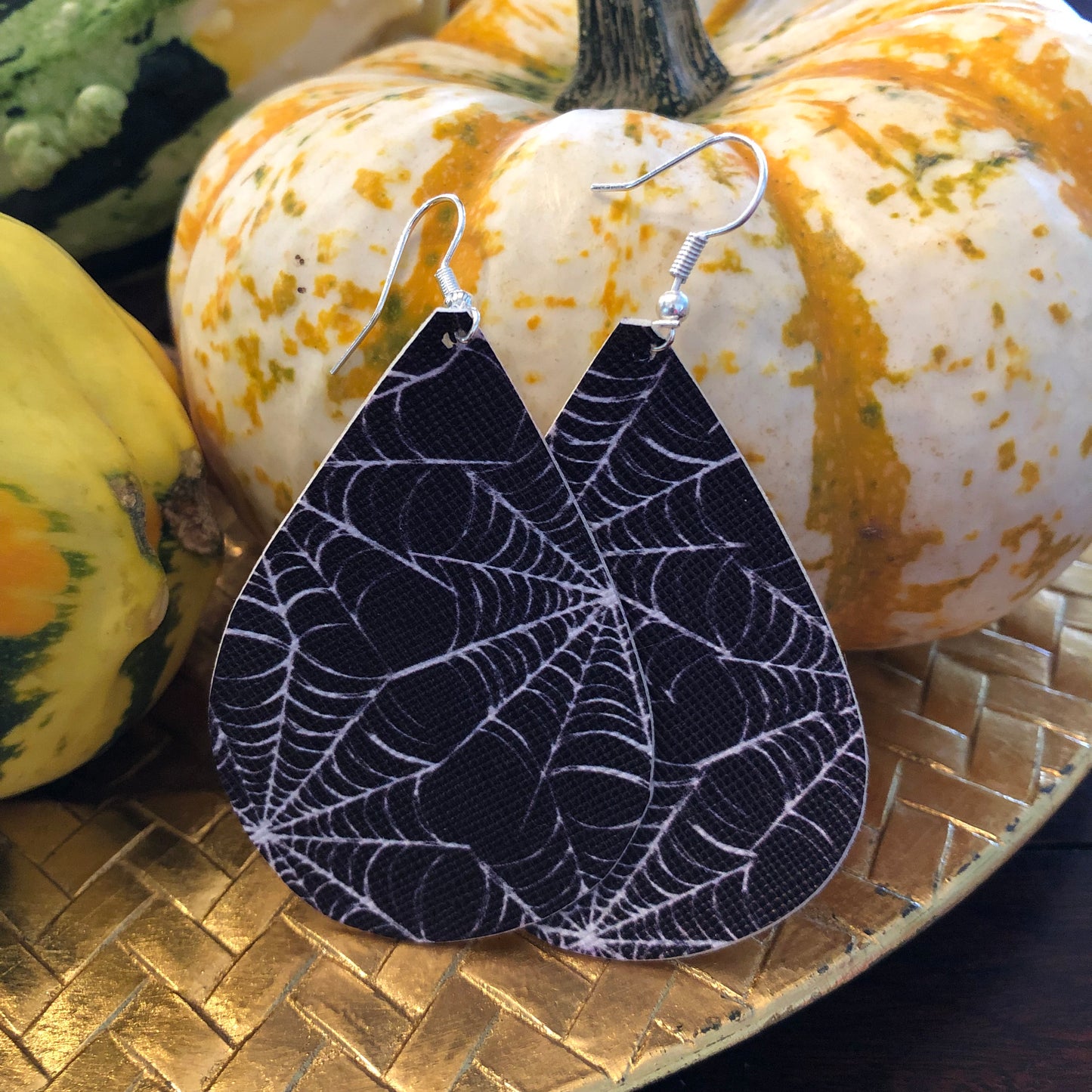 Black and White Spider Web Halloween Leather Hang Earrings