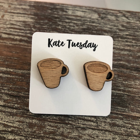 Real Wood Coffee Cup Engraved Earrings