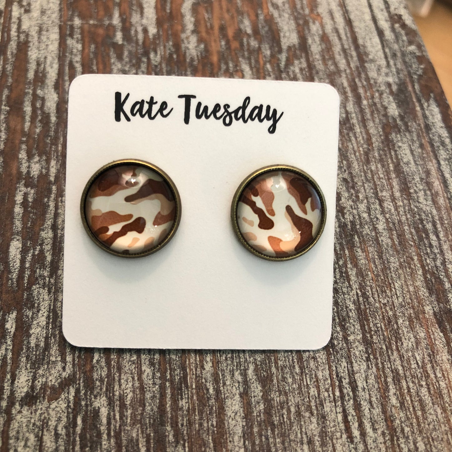 White Brown Camo Earrings Camouflage