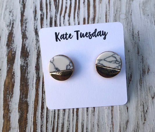 Marble + Gold Stud Circle Earrings