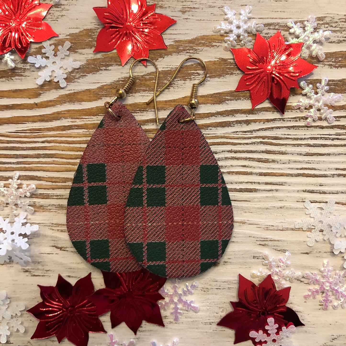 Small Dark Plaid Holiday Leather Earrings