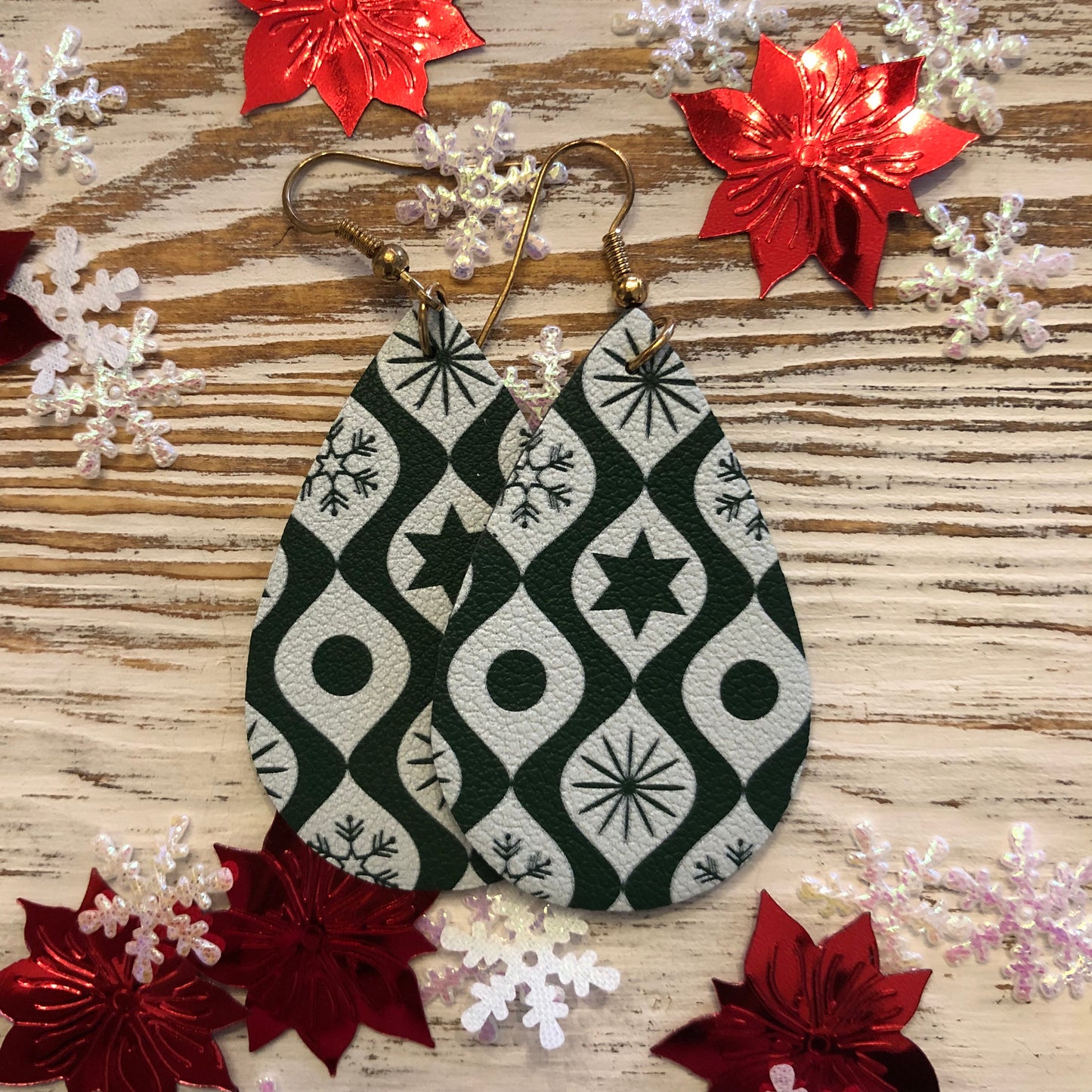 Green and White Holiday Leather Earrings