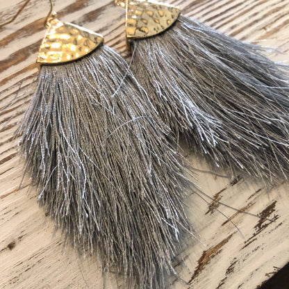 Grey Feathery Gold Hammered Earrings