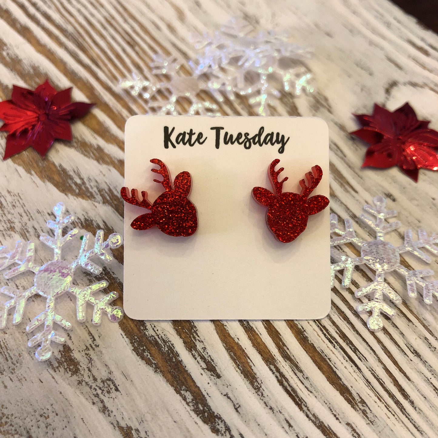 Red Reindeer Holiday Acrylic Stud Earrings