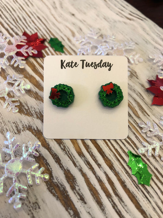 Green + Red Bow Wreath Acrylic Stud Holiday Earrings