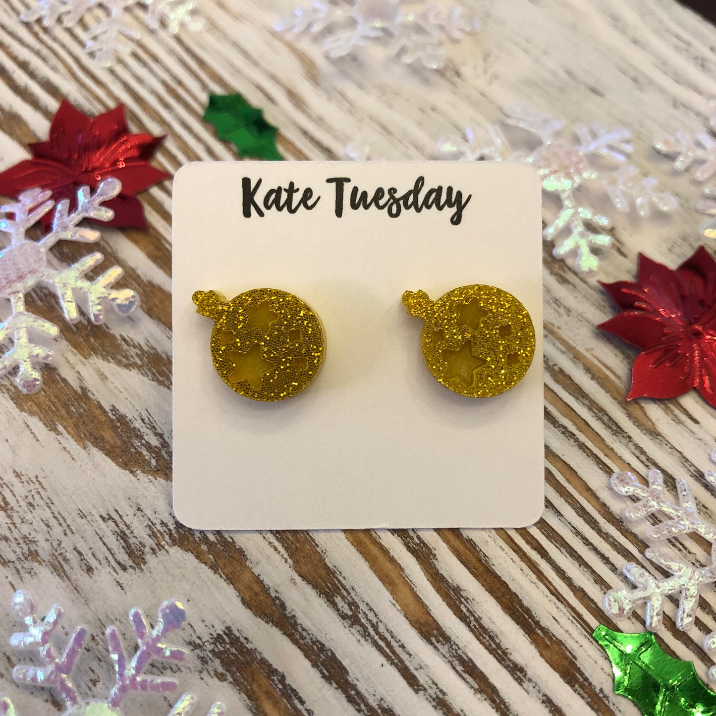 Gold Glitter Engraved Ornament Holiday Acrylic Stud Earrings