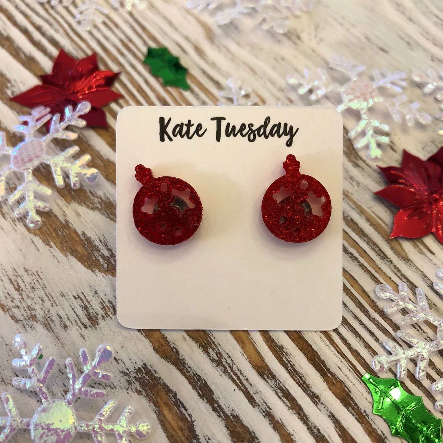 Red Glitter Ornament Holiday Acrylic Stud Earrings