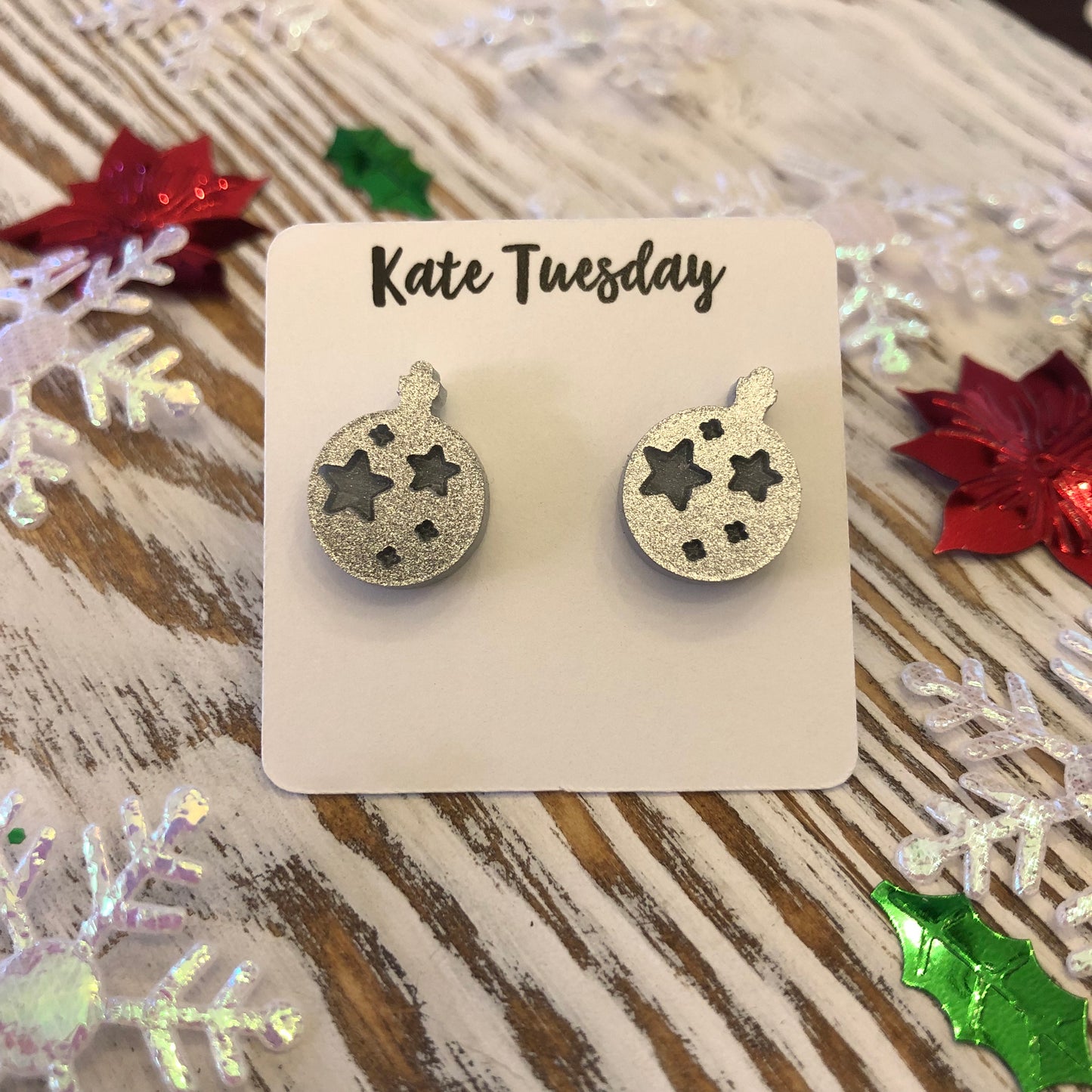 Silver Glitter Engraved Ornament Holiday Acrylic Stud Earrings