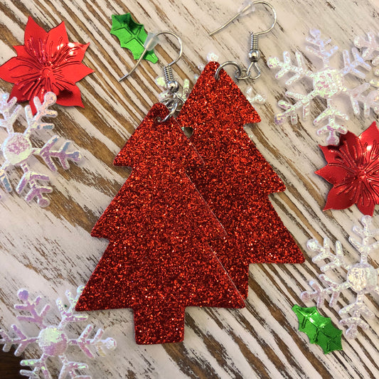 Red Glitter Christmas Tree Holiday Leather Hang Earrings