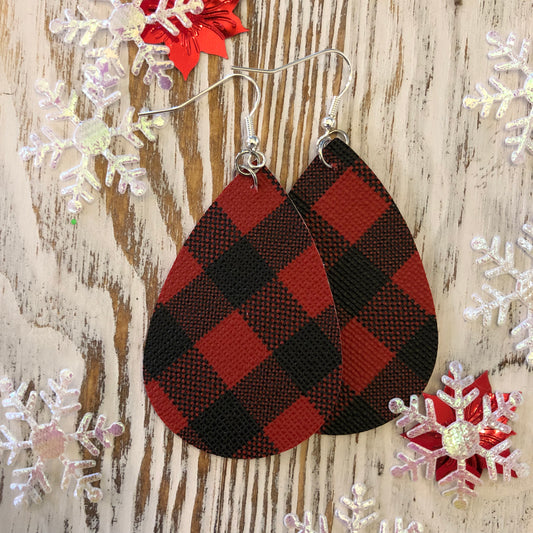 Red Plaid Buffalo Oval Hang Leather Hang Earrings