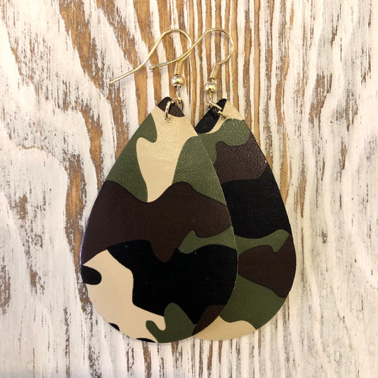 Green Camo Oval Hang Leather Earrings