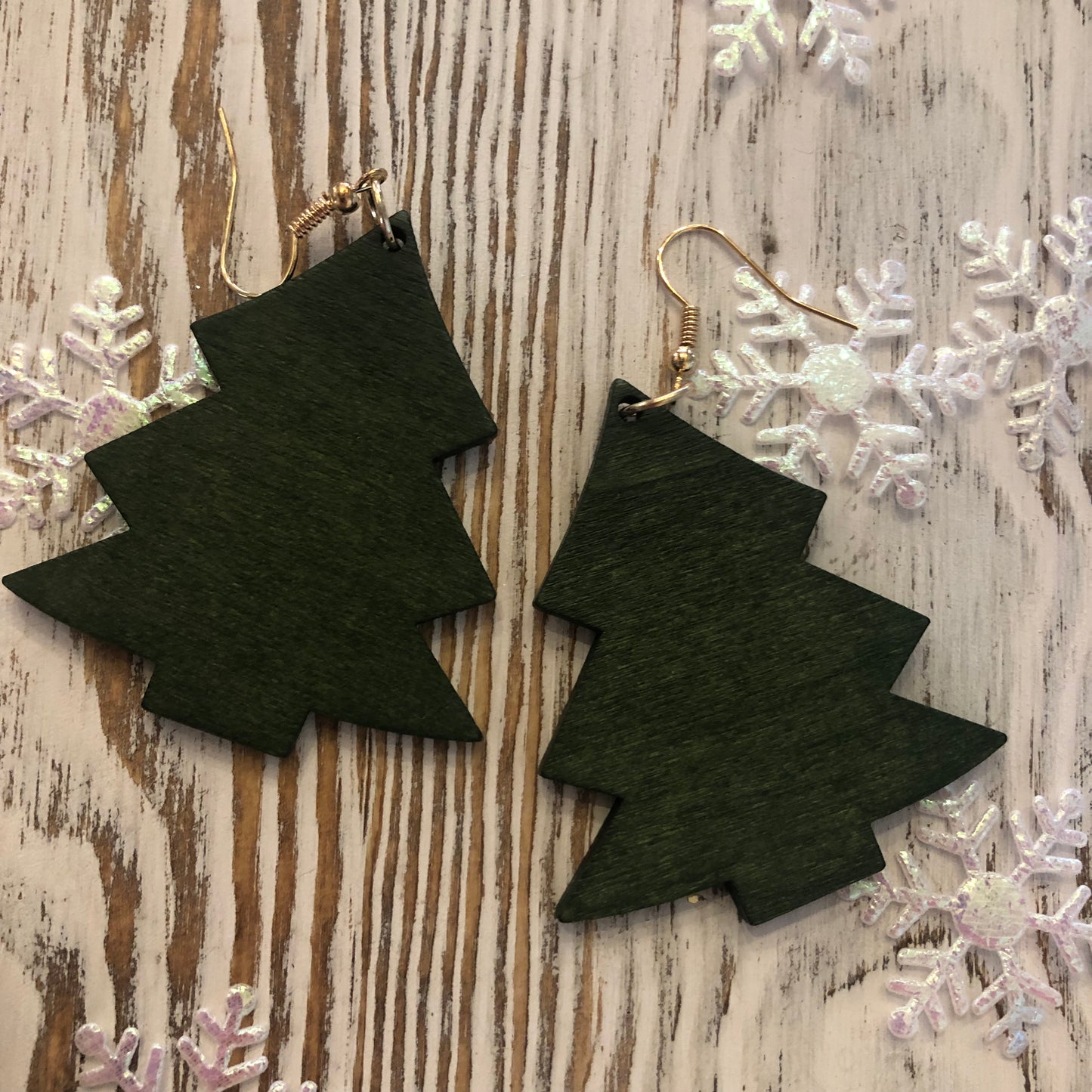 Green Wood Holiday Tree Earrings