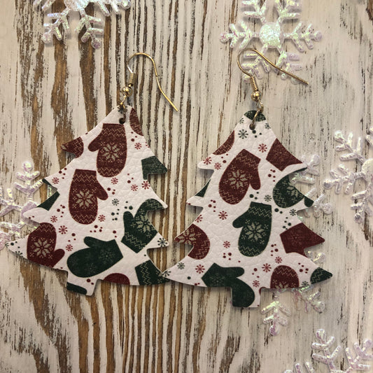 Holiday Leather Tree Earrings Mittens