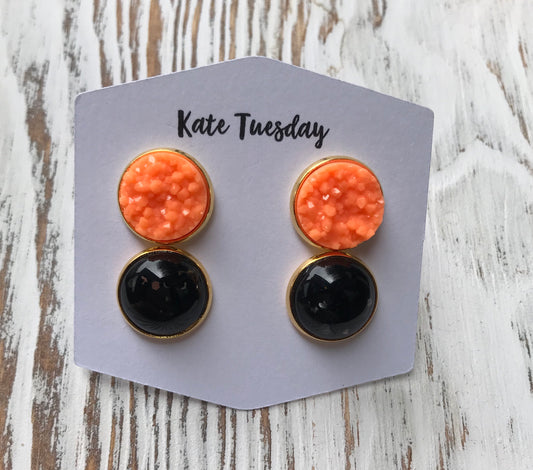 Orange Druzy Black Glitter Halloween Earrings