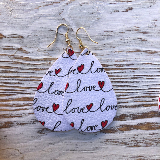 Love Scrawled Heart Leather Earrings