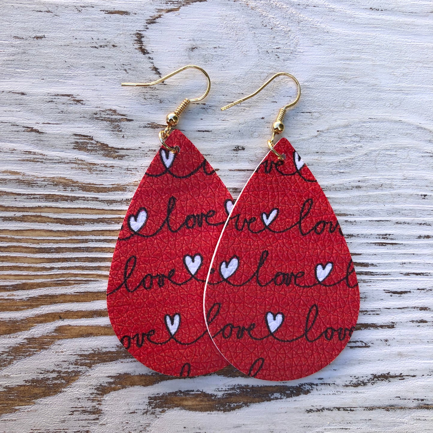Red Love Scrawled Hearts Leather Earrings