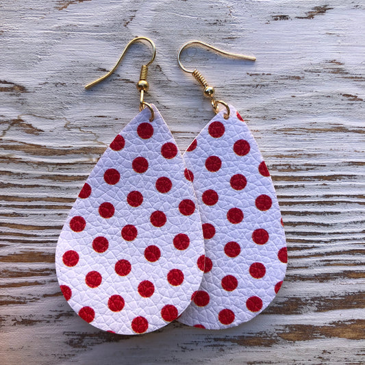 White and Red Polka Dot Leather Earrings