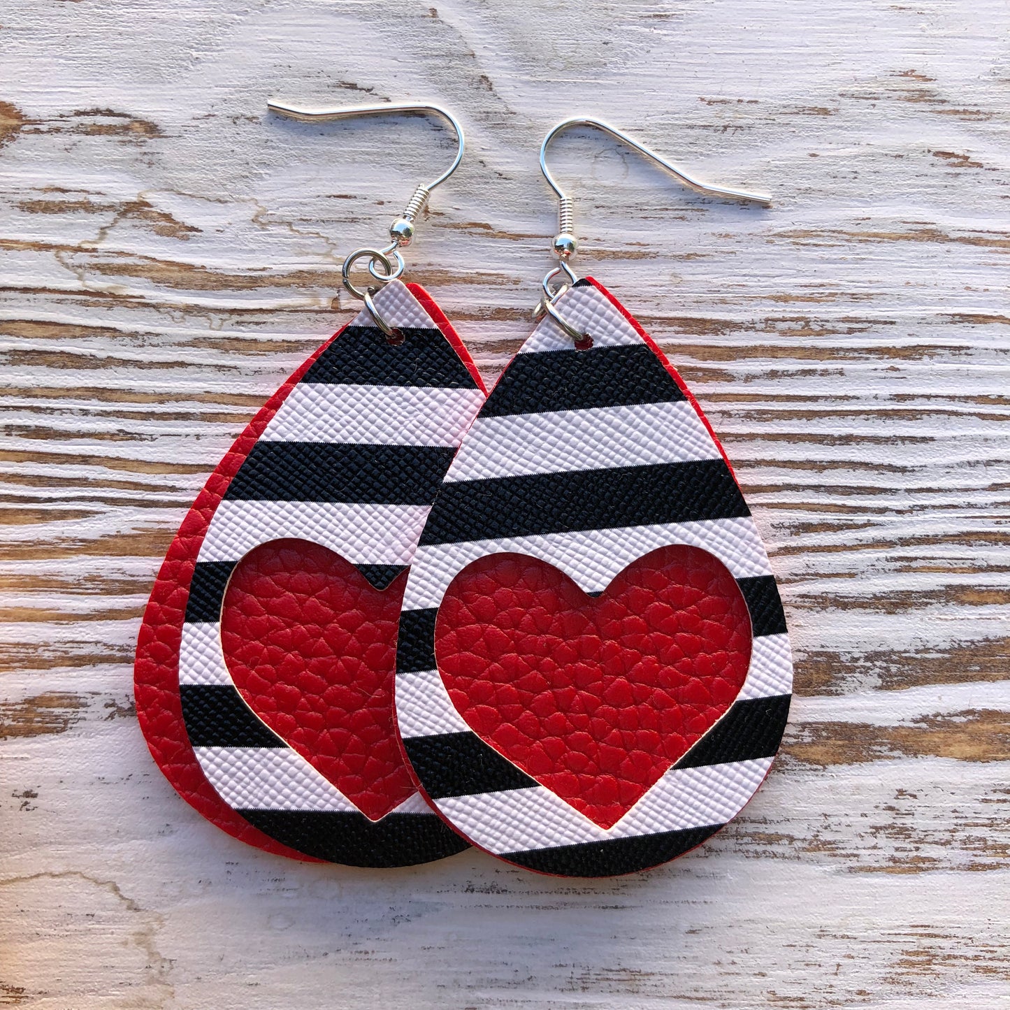 Red Leather Heart Cutout Stripe Leather Earrings