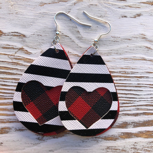 Buffalo Plaid Leather Heart Cutout Stripe Leather Earrings