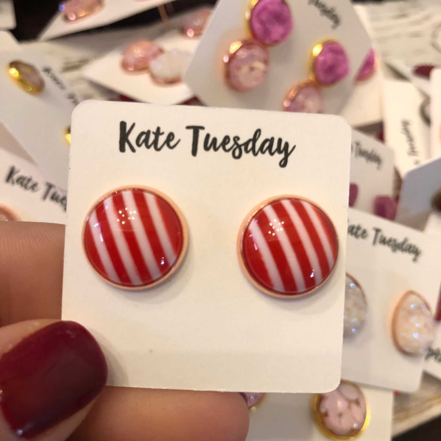 Red and White Stripe 12mm Earrings