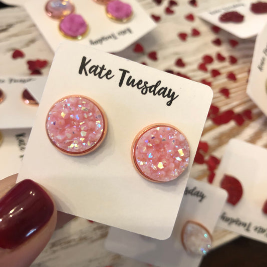 Baby Pink Sparkly 12mm Druzy Earrings