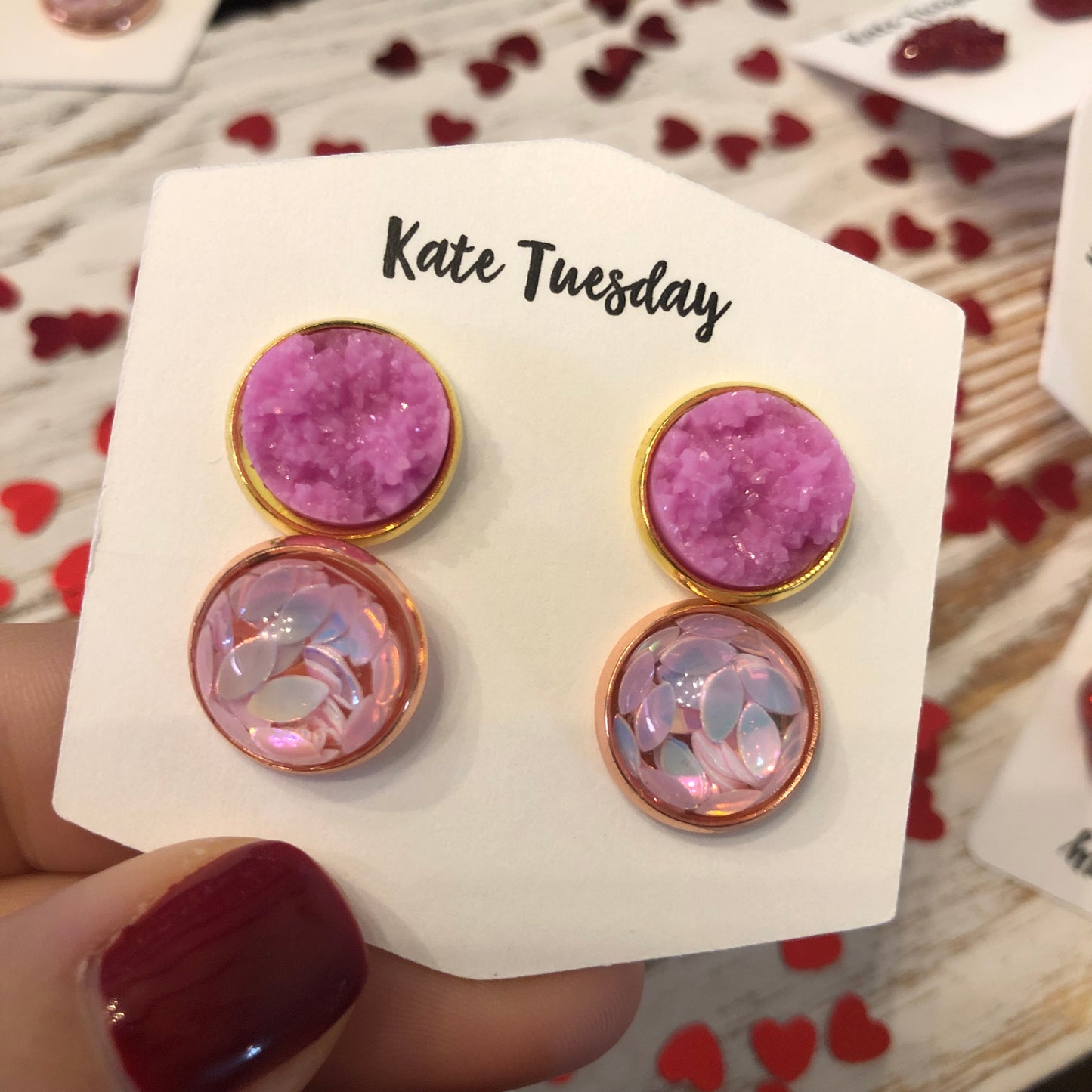 Double Druzy Set Magenta Berry and Pink Leaf Glitter 12mm