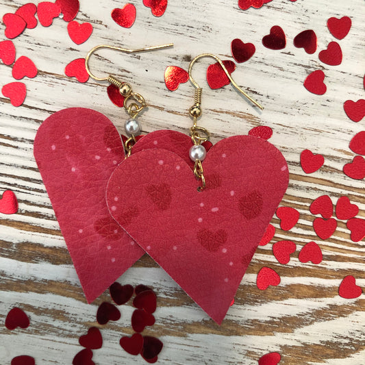 Red Mini Heart Leather Pearl Earrings