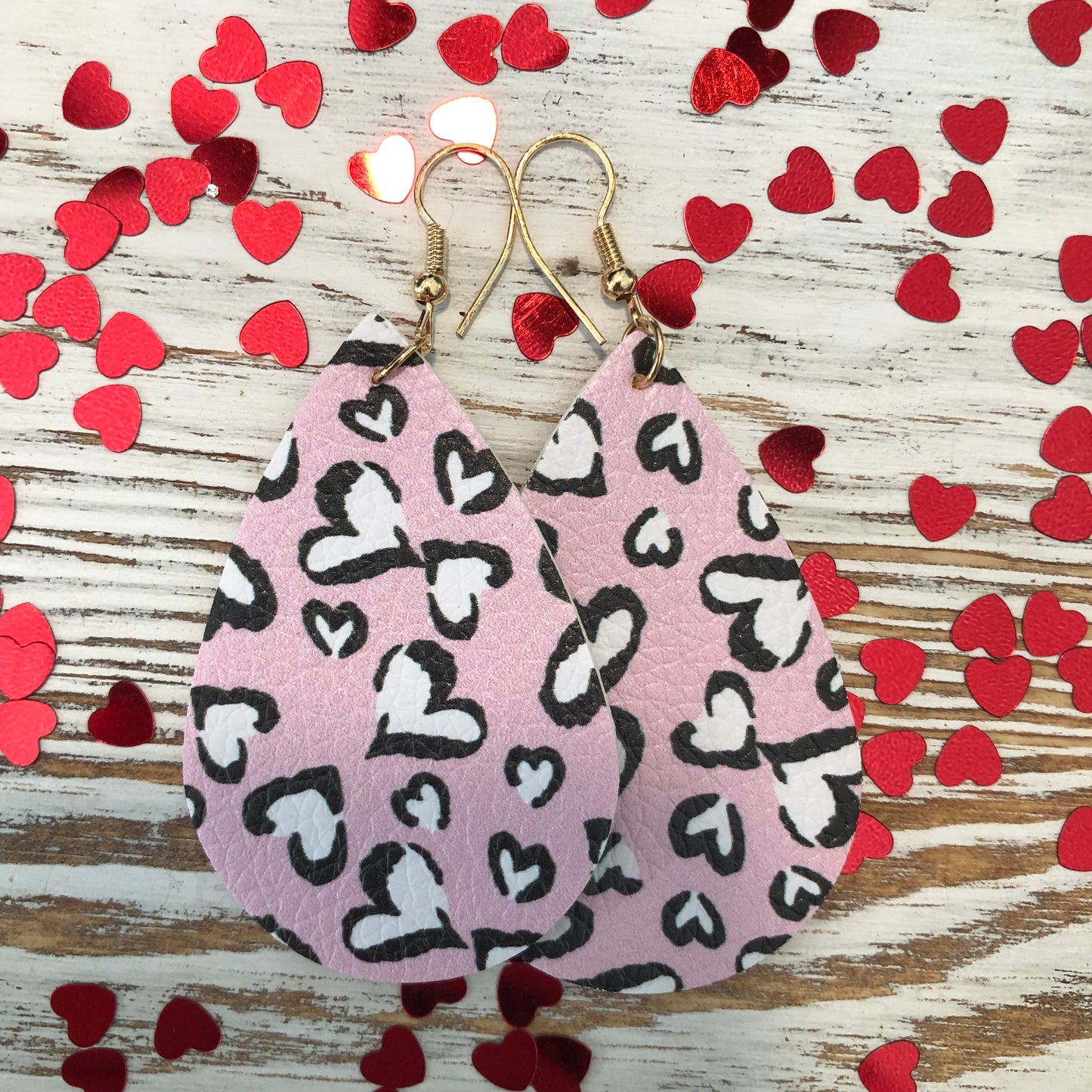 Light Pink Black and White Hearts Leather Earrings